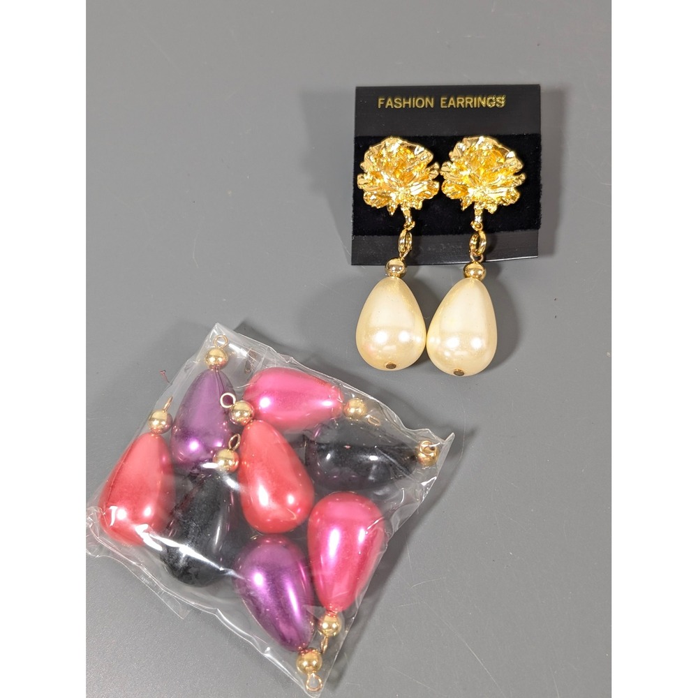 Vintage Korea Gold Tone Rose Faux Pearl Interchangeable Drop Earrings Pierced